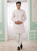 Raivat Ethnic Banarasi Jacquard Embroidery Indo Western Sherwani In Cream Blue Colour