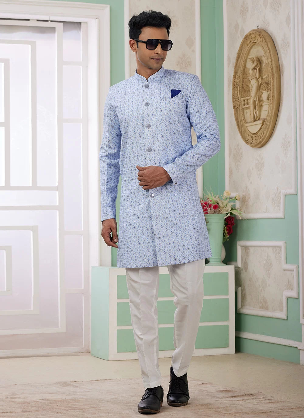 Raivat Ethnic Banarasi Jacquard Embroidery Indo Western Sherwani In Blue Colour