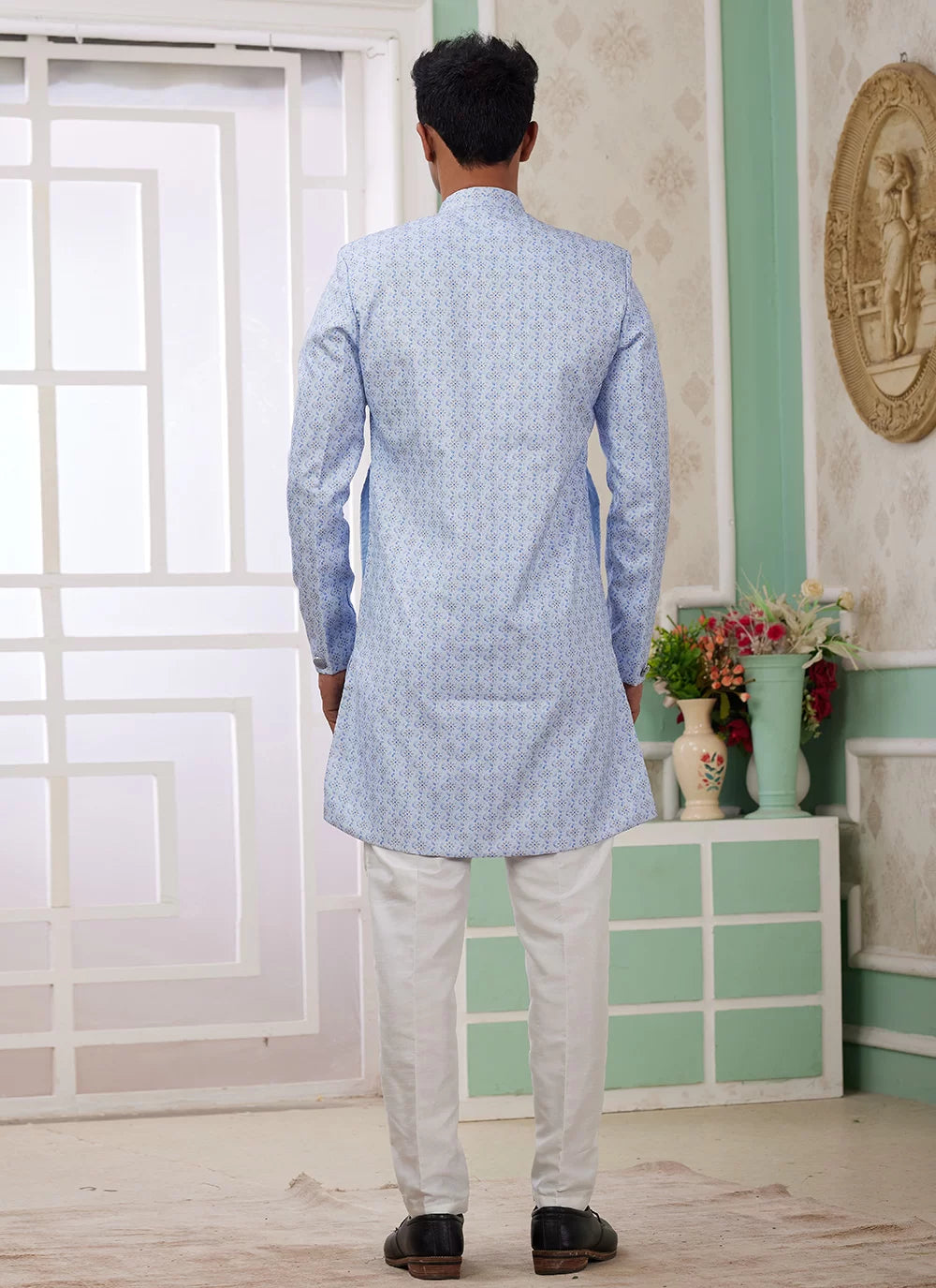 Raivat Ethnic Banarasi Jacquard Embroidery Indo Western Sherwani In Blue Colour