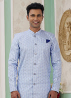 Raivat Ethnic Banarasi Jacquard Embroidery Indo Western Sherwani In Blue Colour