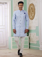 Raivat Ethnic Banarasi Jacquard Embroidery Indo Western Sherwani In Blue Colour