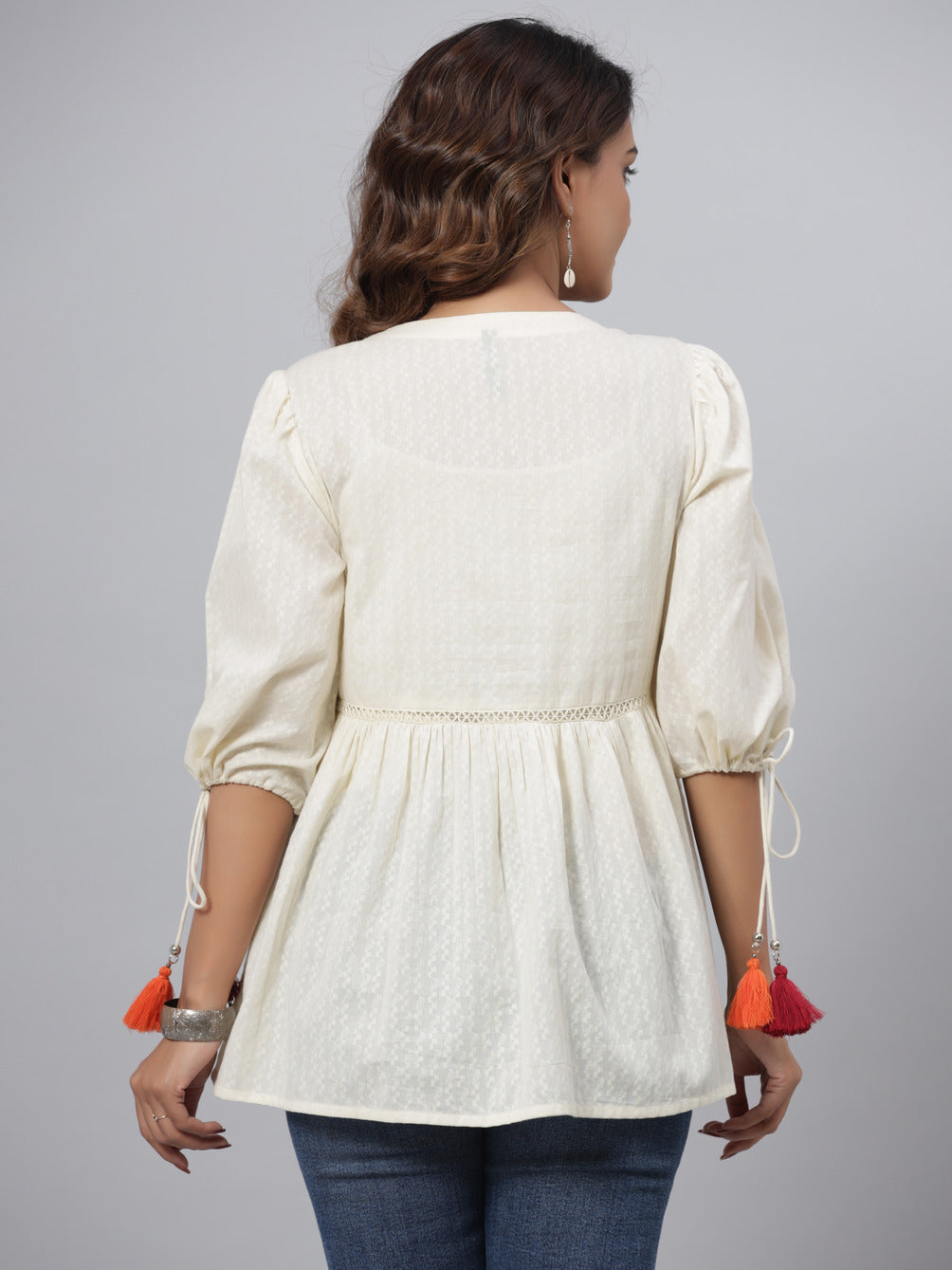 Juniper Off-White Thread & Mirror Embroidered Cotton Dobby Tunic
