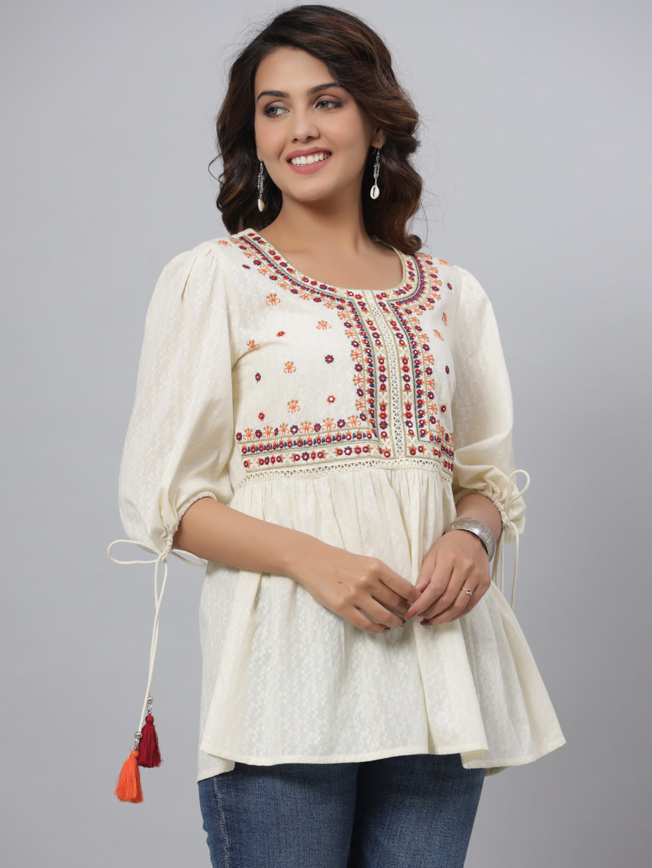 Juniper Off-White Thread & Mirror Embroidered Cotton Dobby Tunic