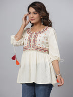 Juniper Off-White Thread & Mirror Embroidered Cotton Dobby Tunic