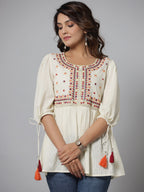 Juniper Off-White Thread & Mirror Embroidered Cotton Dobby Tunic