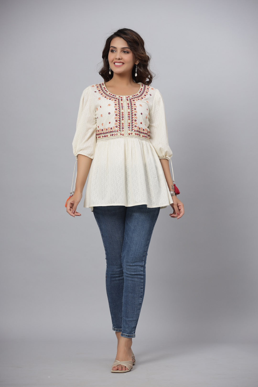 Juniper Off-White Thread & Mirror Embroidered Cotton Dobby Tunic