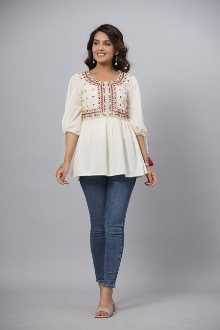 Juniper Off-White Thread & Mirror Embroidered Cotton Dobby Tunic
