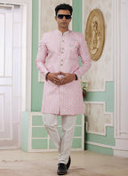 Raivat Ethnic Banarasi Jacquard Embroidery Indo Western Sherwani In Pink Colour