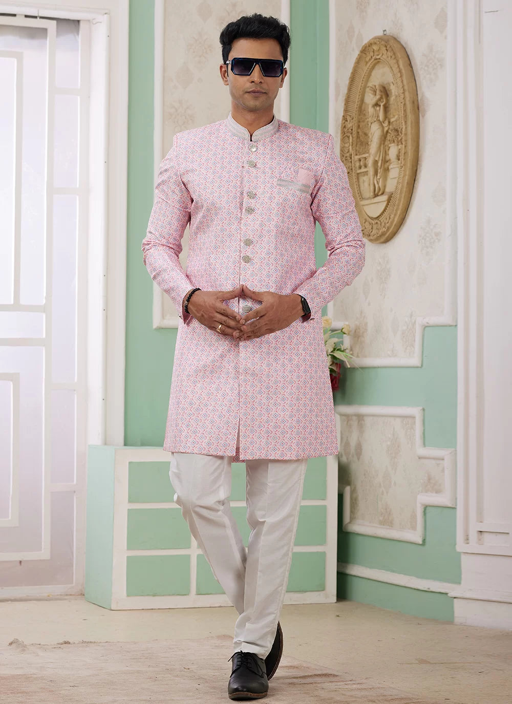 Raivat Ethnic Banarasi Jacquard Embroidery Indo Western Sherwani In Pink Colour