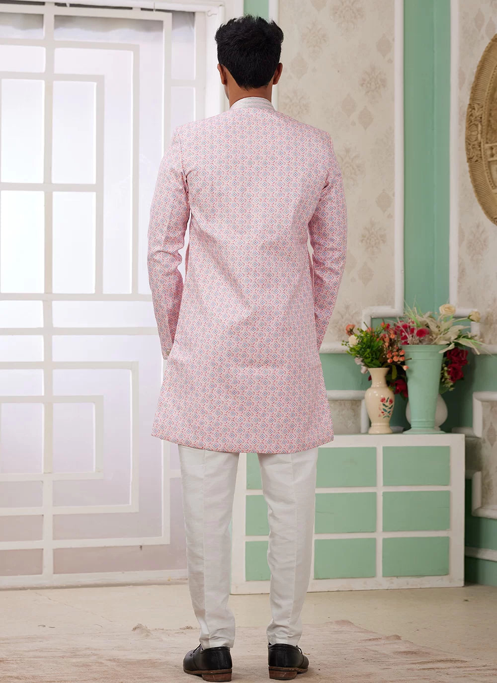 Raivat Ethnic Banarasi Jacquard Embroidery Indo Western Sherwani In Pink Colour