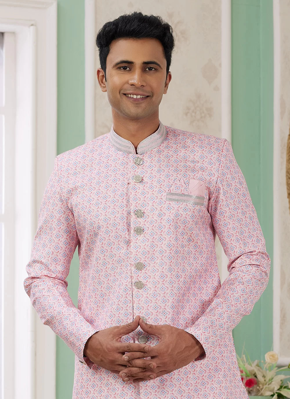Raivat Ethnic Banarasi Jacquard Embroidery Indo Western Sherwani In Pink Colour