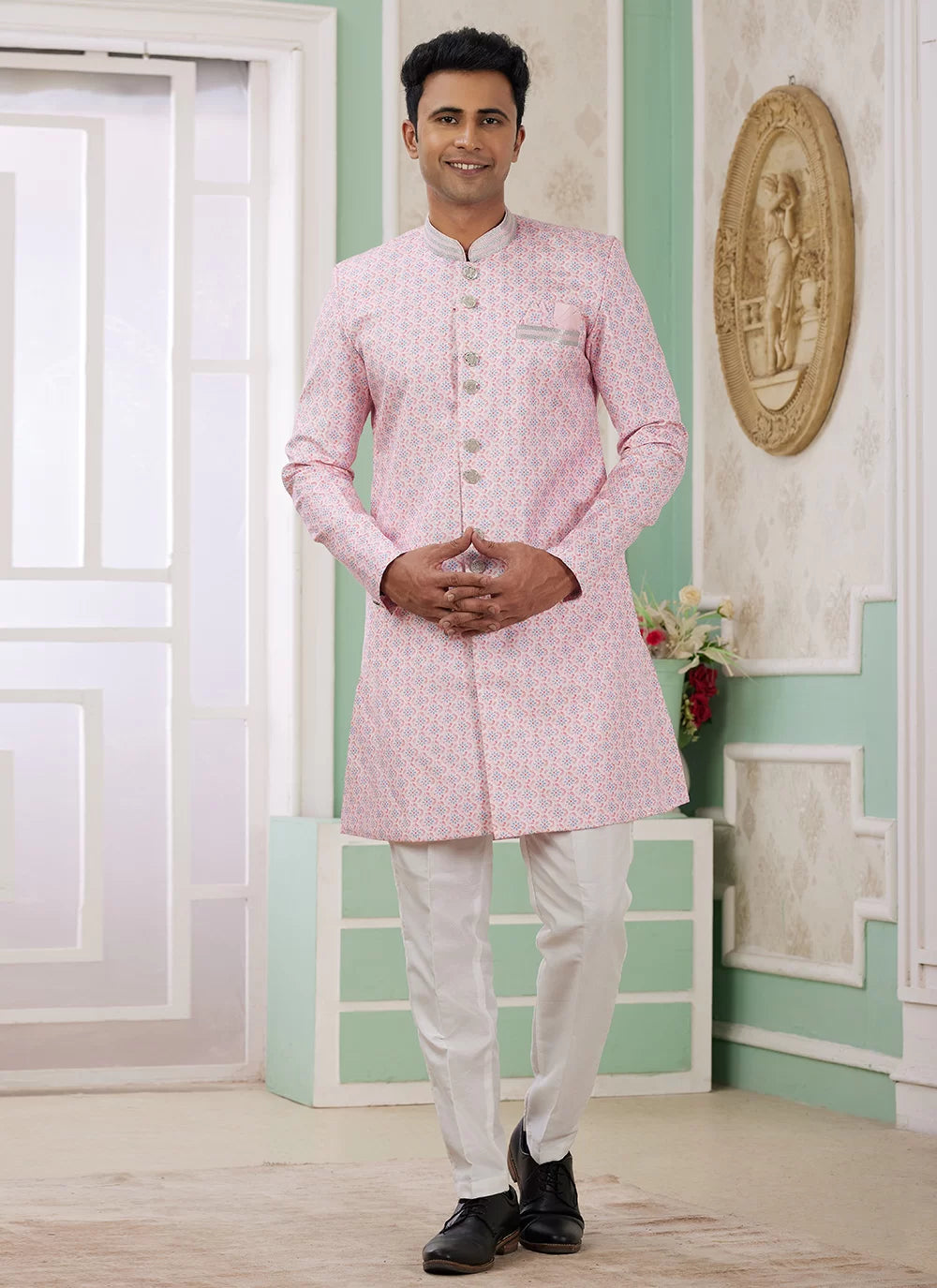 Raivat Ethnic Banarasi Jacquard Embroidery Indo Western Sherwani In Pink Colour