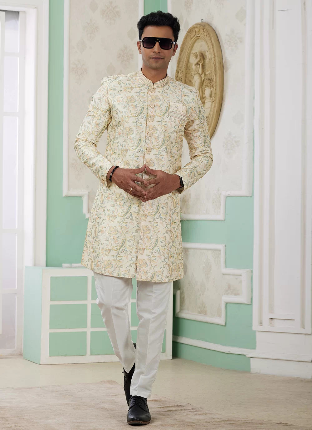 Raivat Ethnic Banarasi Jacquard Embroidery Indo Western Sherwani In Yellow Colour