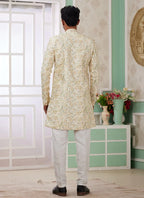 Raivat Ethnic Banarasi Jacquard Embroidery Indo Western Sherwani In Yellow Colour