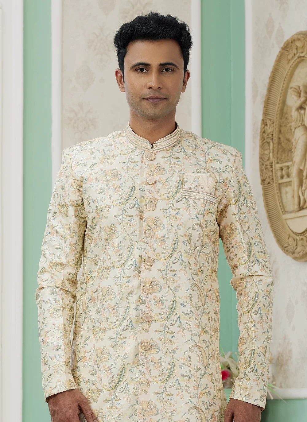 Raivat Ethnic Banarasi Jacquard Embroidery Indo Western Sherwani In Yellow Colour