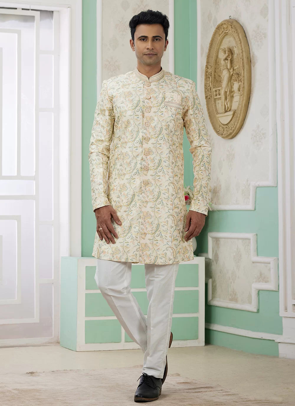 Raivat Ethnic Banarasi Jacquard Embroidery Indo Western Sherwani In Yellow Colour