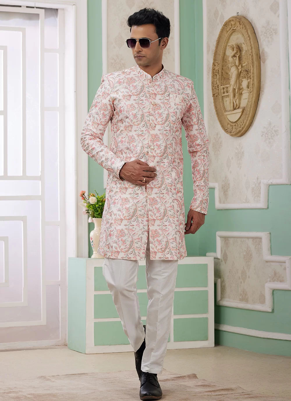 Raivat Ethnic Banarasi Jacquard Embroidery Indo Western Sherwani In Peach Colour