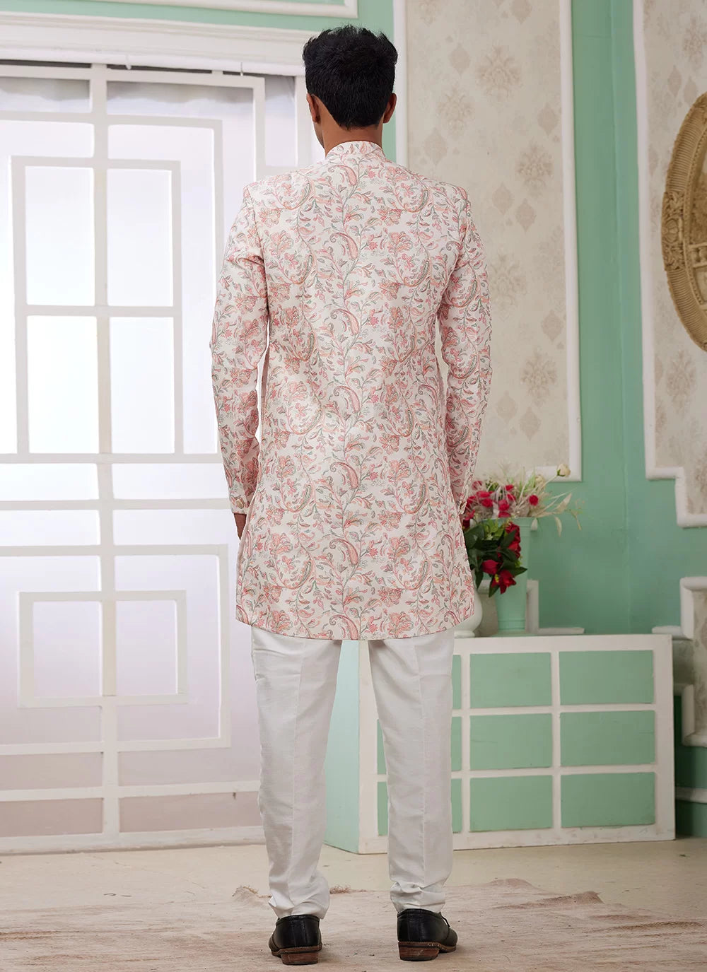 Raivat Ethnic Banarasi Jacquard Embroidery Indo Western Sherwani In Peach Colour