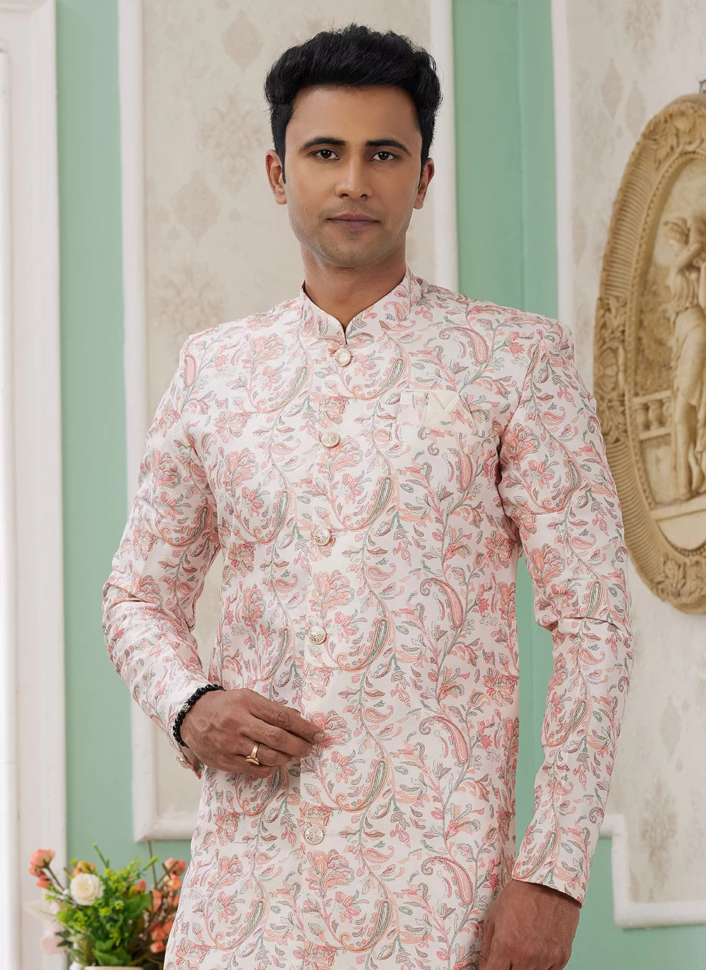 Raivat Ethnic Banarasi Jacquard Embroidery Indo Western Sherwani In Peach Colour