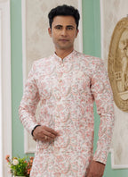 Raivat Ethnic Banarasi Jacquard Embroidery Indo Western Sherwani In Peach Colour