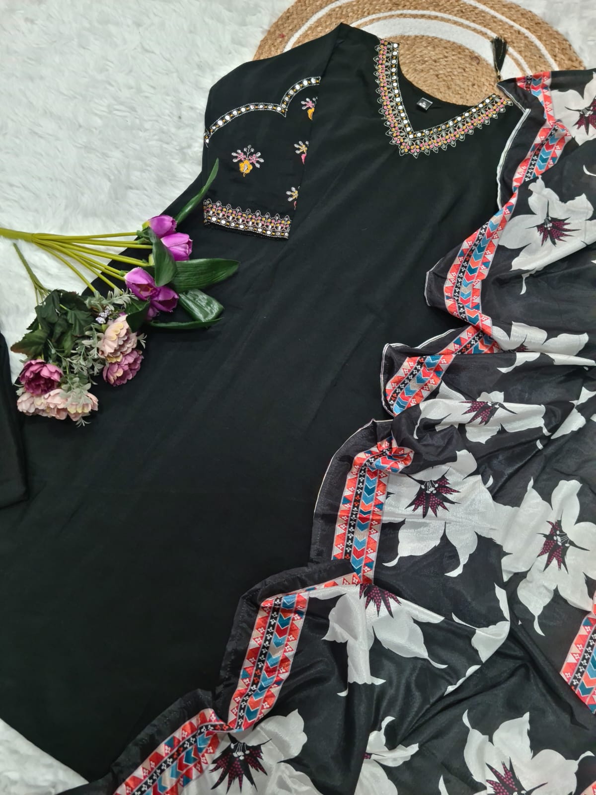 Vellora Viscose Silk Black Daily Wear Sequins Work Readymade Kurti Set - Distacart