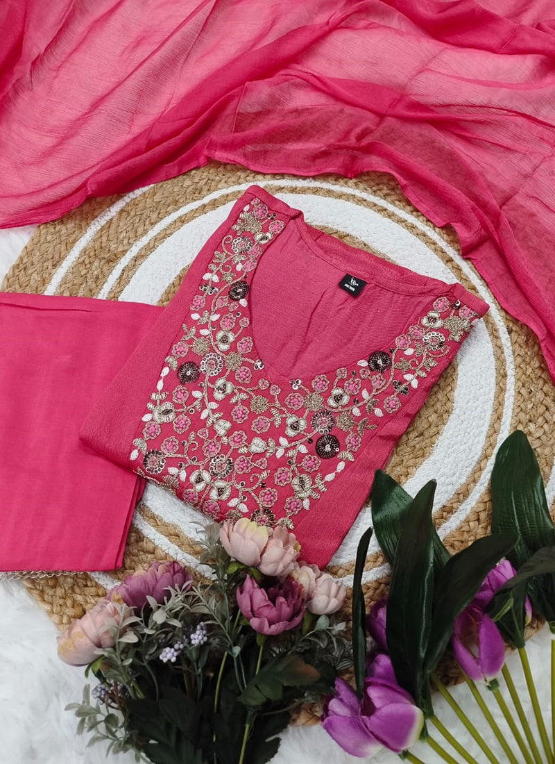 Vellora Viscose Chiffon Pink Daily Wear Sequins Work Readymade Kurti Set - Distacart