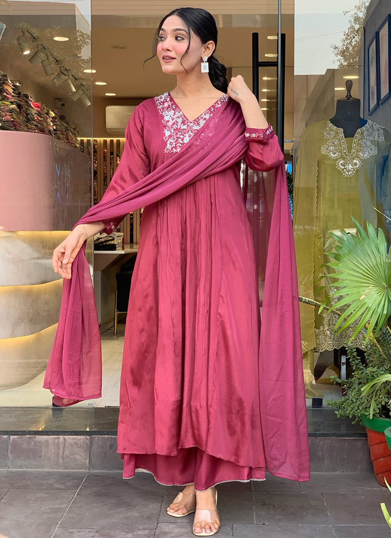 Vellora Viscose Chiffon Pink Daily Wear Sequins Work Readymade Kurti Set - Distacart