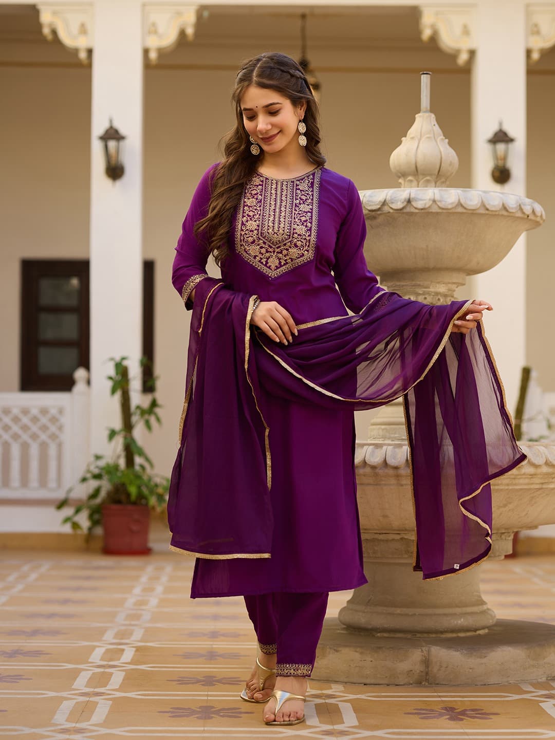 Vellora Rayon Slub Purple Daily Wear Sequins Work Readymade Suit - Distacart