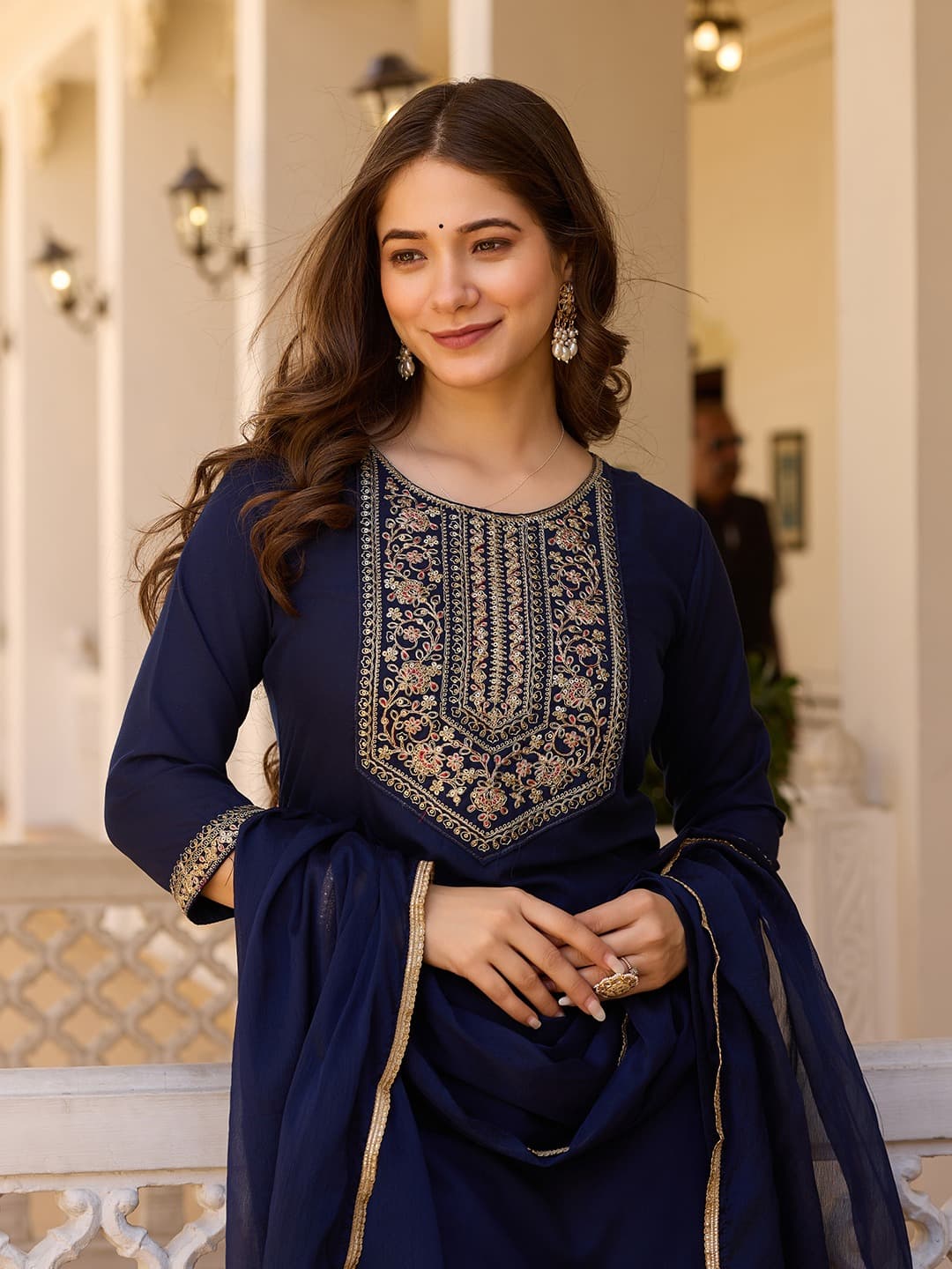 Vellora Rayon Slub Navy Blue Daily Wear Sequins Work Readymade Suit - Distacart