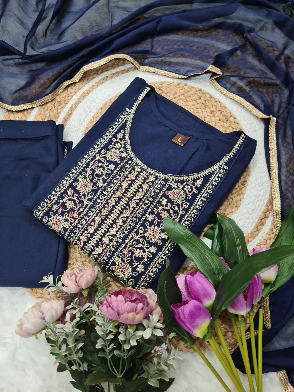 Vellora Rayon Slub Navy Blue Daily Wear Sequins Work Readymade Suit - Distacart