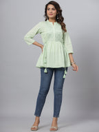 Juniper Green Ethnic Motif Printed Cotton Dobby Tunic With Mirror Work Embroidery
