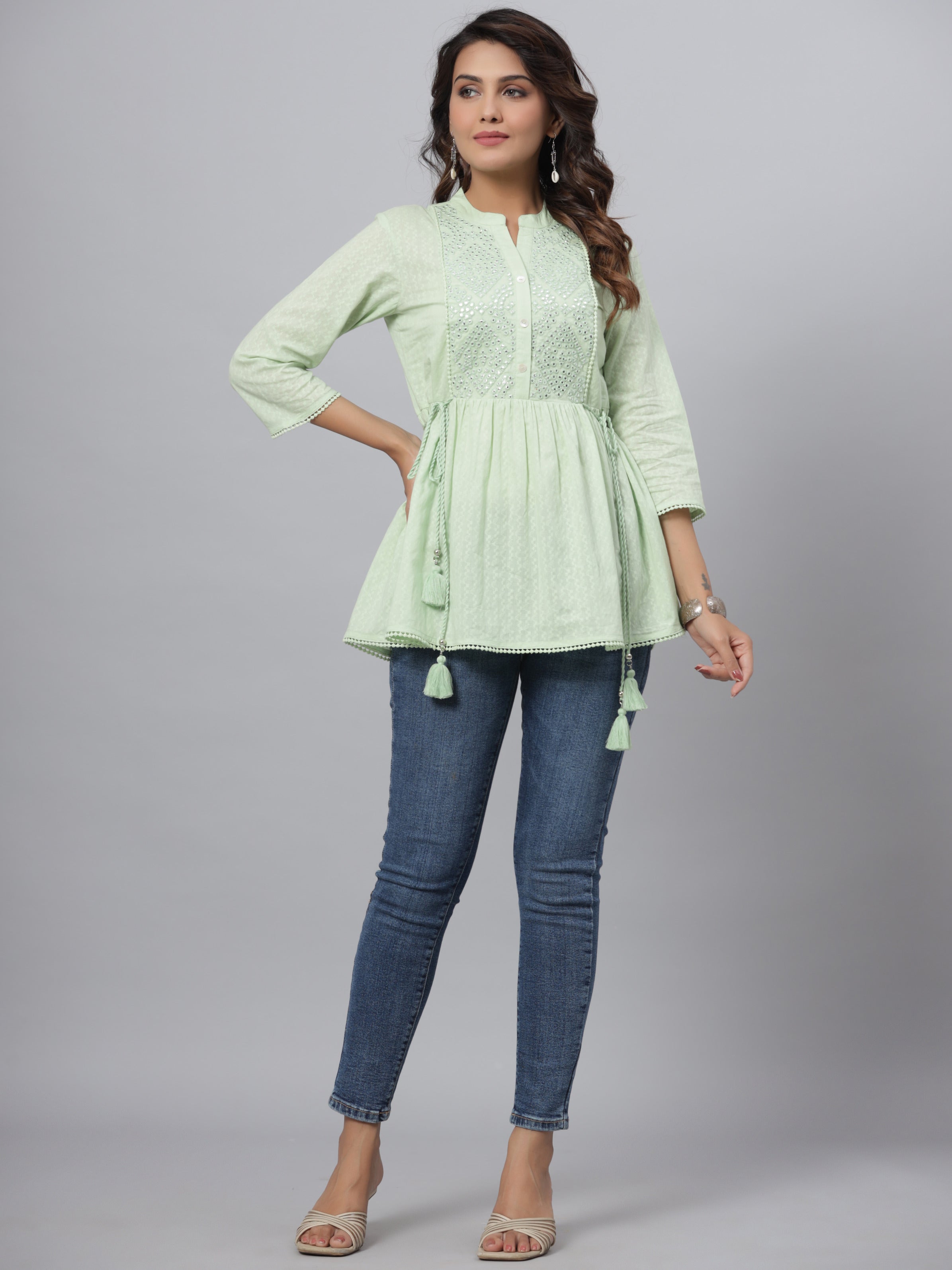 Juniper Green Ethnic Motif Printed Cotton Dobby Tunic With Mirror Work Embroidery