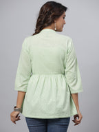 Juniper Green Ethnic Motif Printed Cotton Dobby Tunic With Mirror Work Embroidery