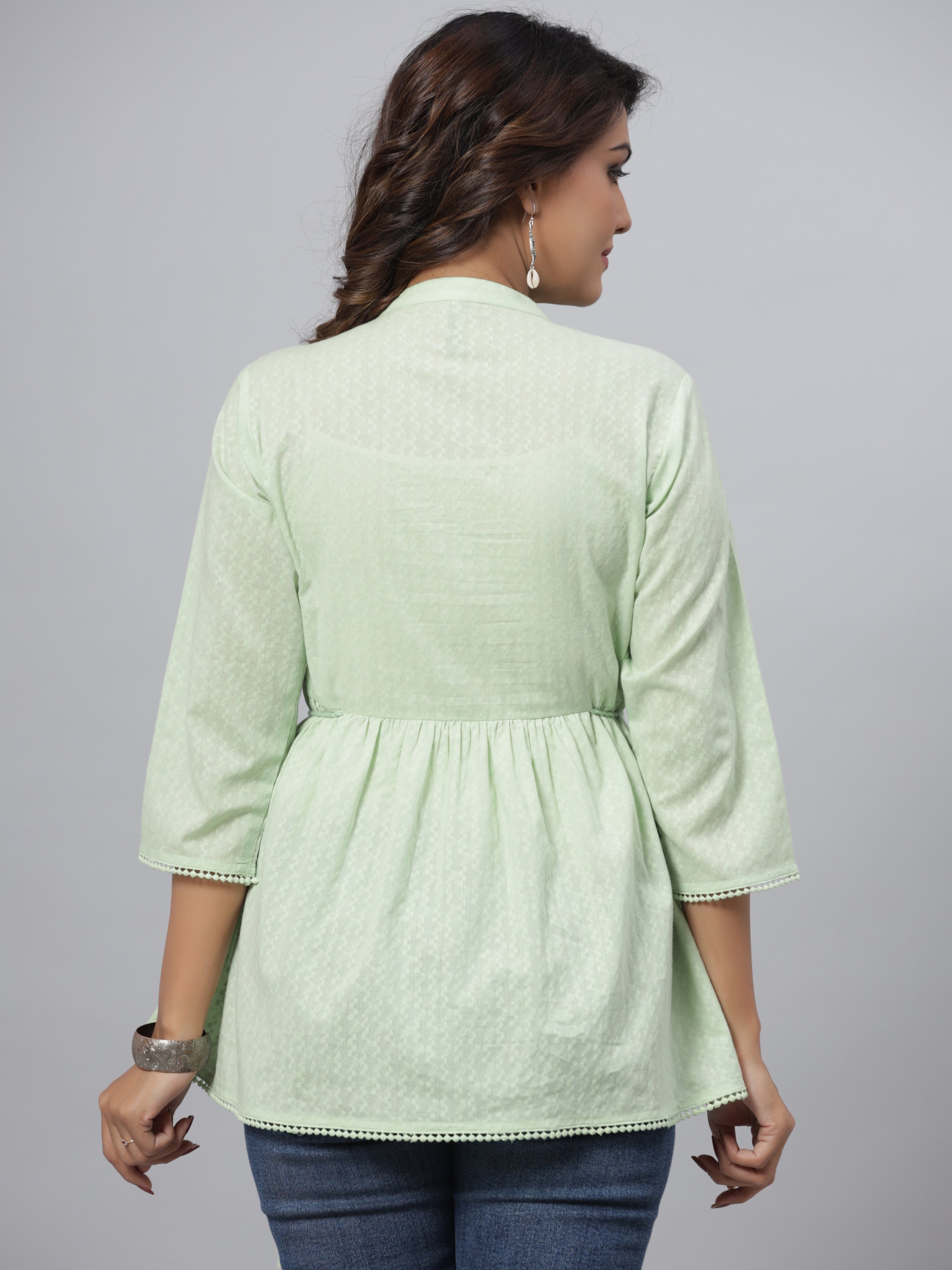 Juniper Green Ethnic Motif Printed Cotton Dobby Tunic With Mirror Work Embroidery