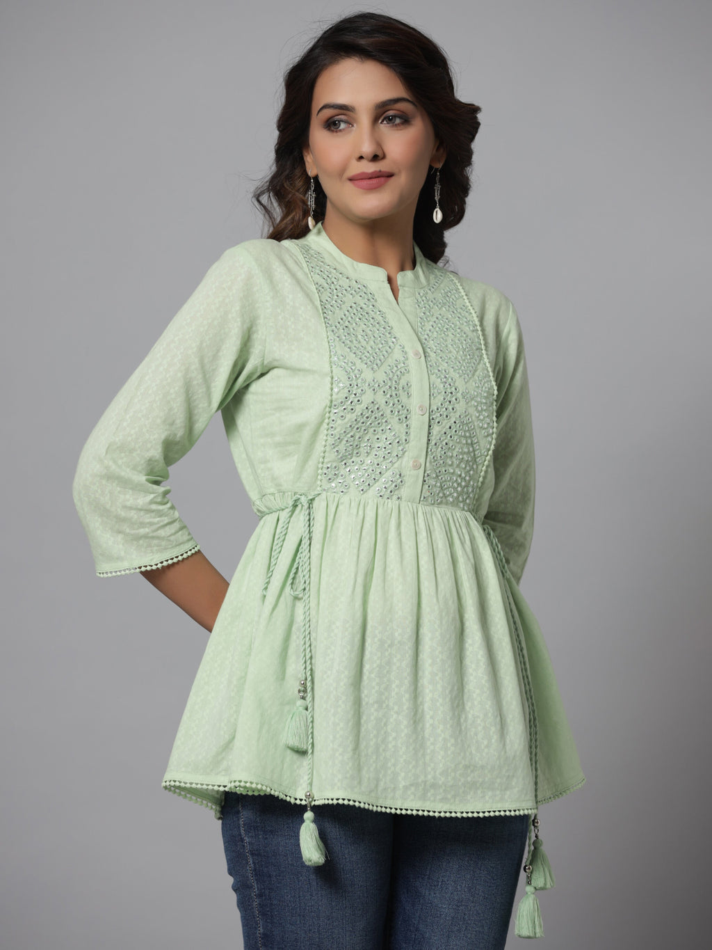 Juniper Green Ethnic Motif Printed Cotton Dobby Tunic With Mirror Work Embroidery