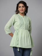 Juniper Green Ethnic Motif Printed Cotton Dobby Tunic With Mirror Work Embroidery