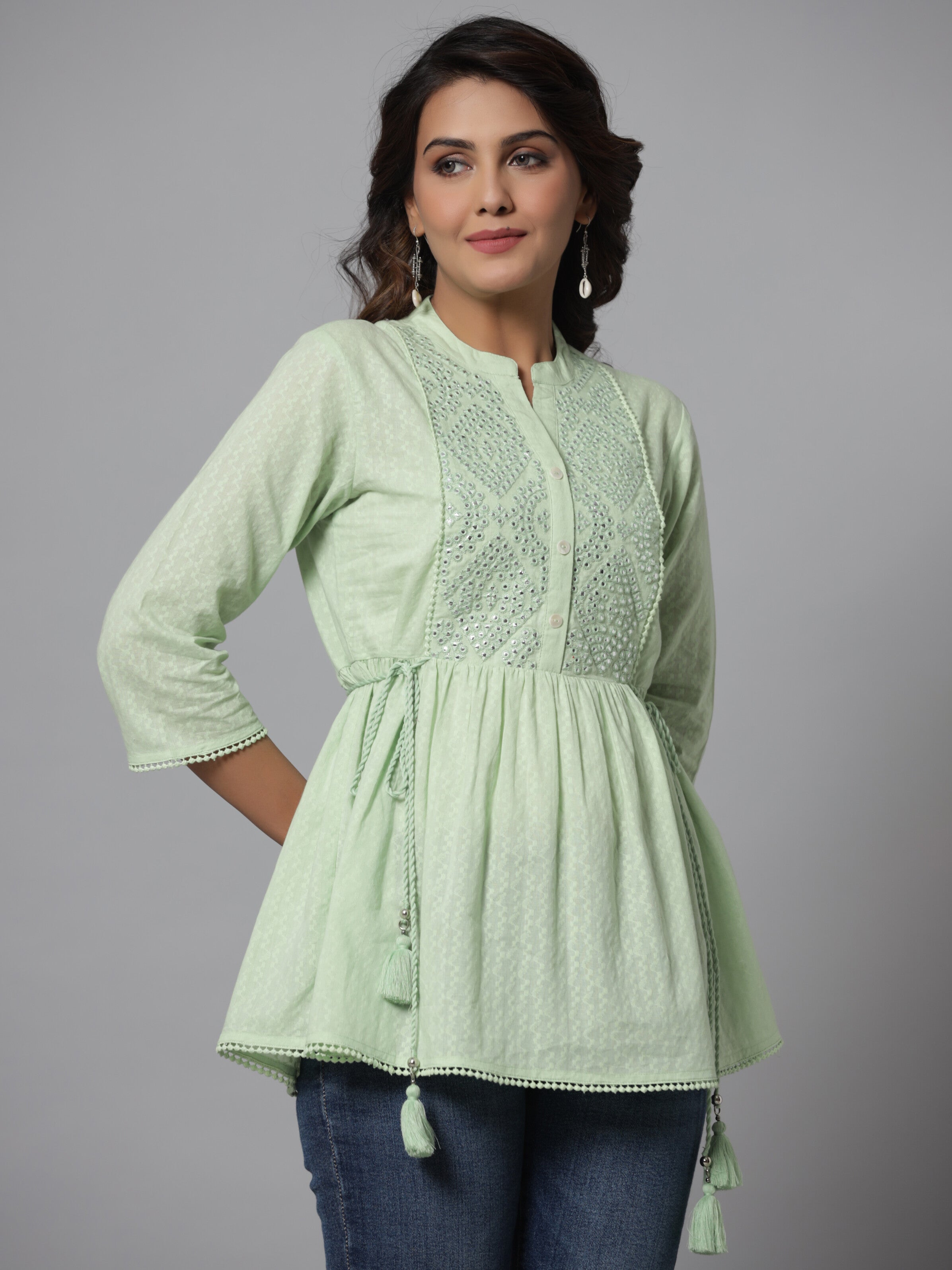Juniper Green Ethnic Motif Printed Cotton Dobby Tunic With Mirror Work Embroidery