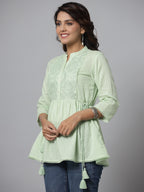 Juniper Green Ethnic Motif Printed Cotton Dobby Tunic With Mirror Work Embroidery