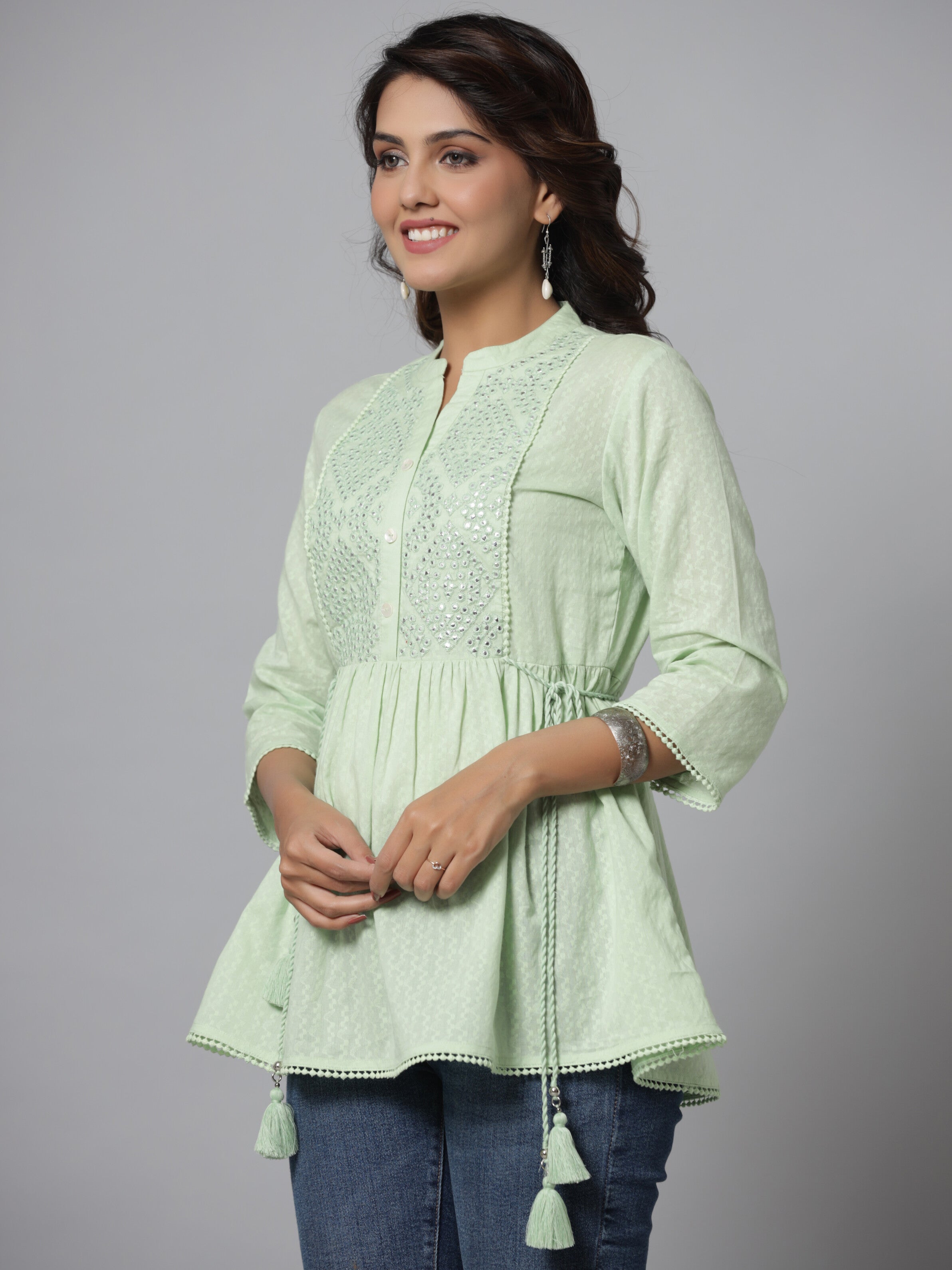 Juniper Green Ethnic Motif Printed Cotton Dobby Tunic With Mirror Work Embroidery