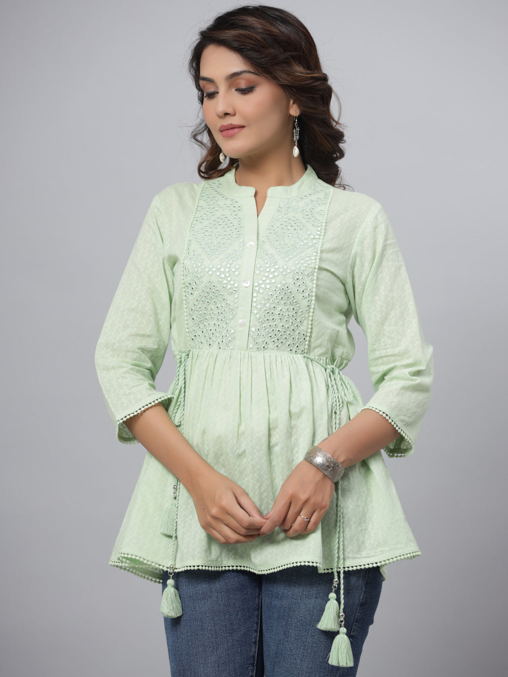 Juniper Green Ethnic Motif Printed Cotton Dobby Tunic With Mirror Work Embroidery
