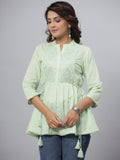 Juniper Green Ethnic Motif Printed Cotton Dobby Tunic With Mirror Work Embroidery