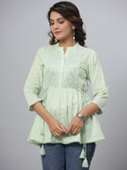 Juniper Green Ethnic Motif Printed Cotton Dobby Tunic With Mirror Work Embroidery