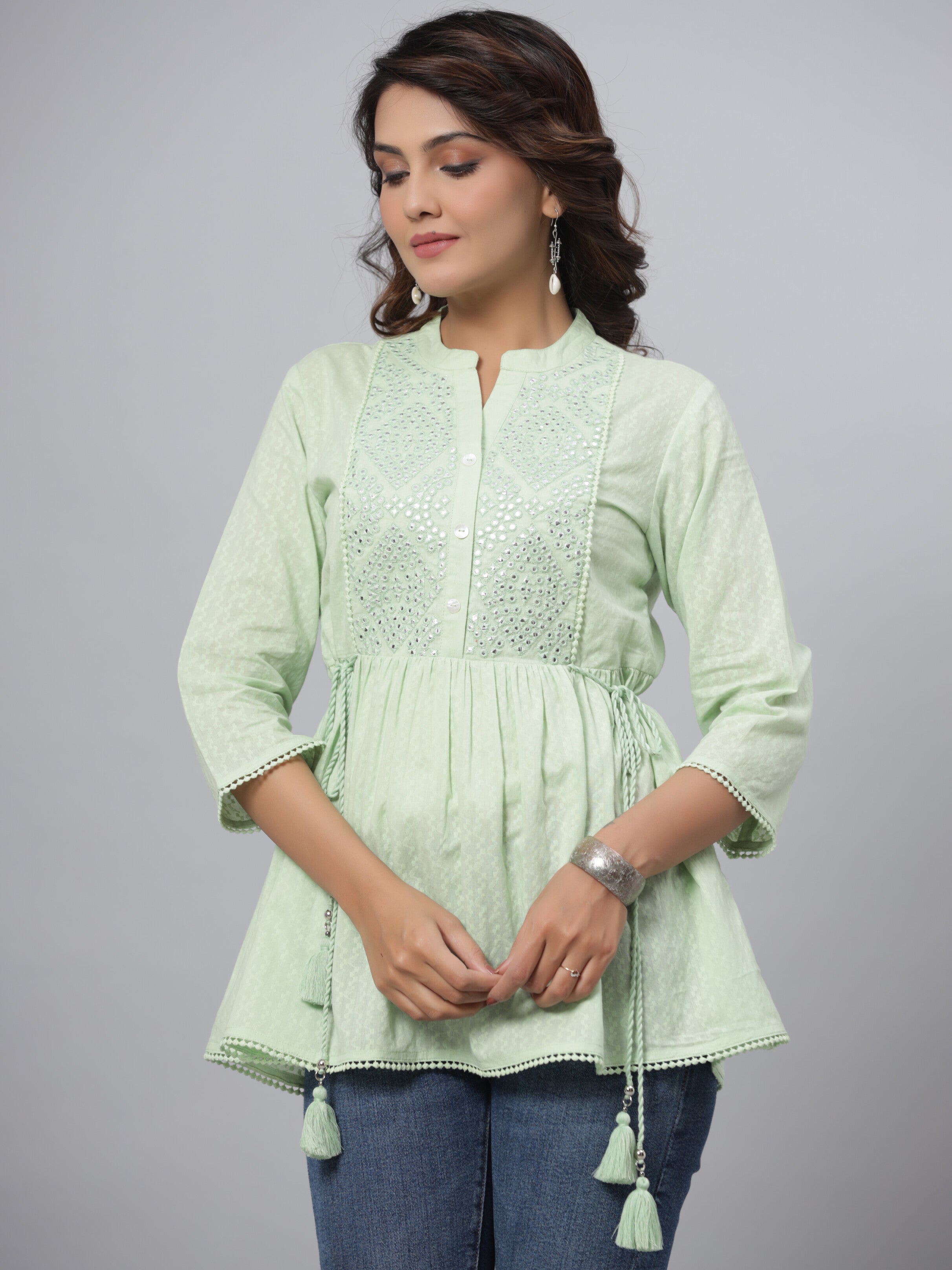 Juniper Green Ethnic Motif Printed Cotton Dobby Tunic With Mirror Work Embroidery