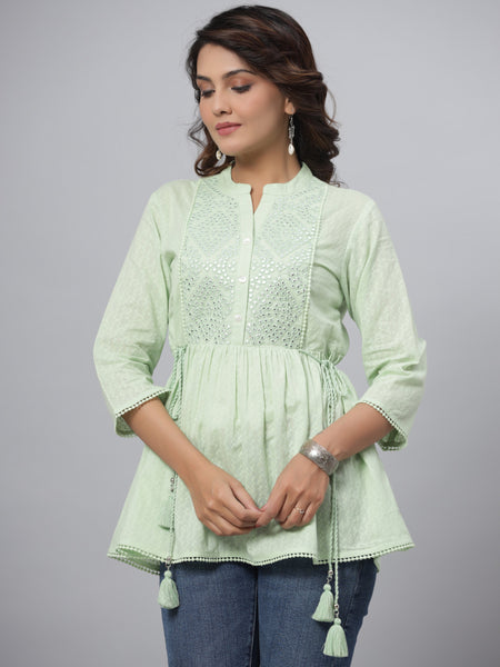 Juniper Green Ethnic Motif Printed Cotton Dobby Tunic With Mirror Work Embroidery