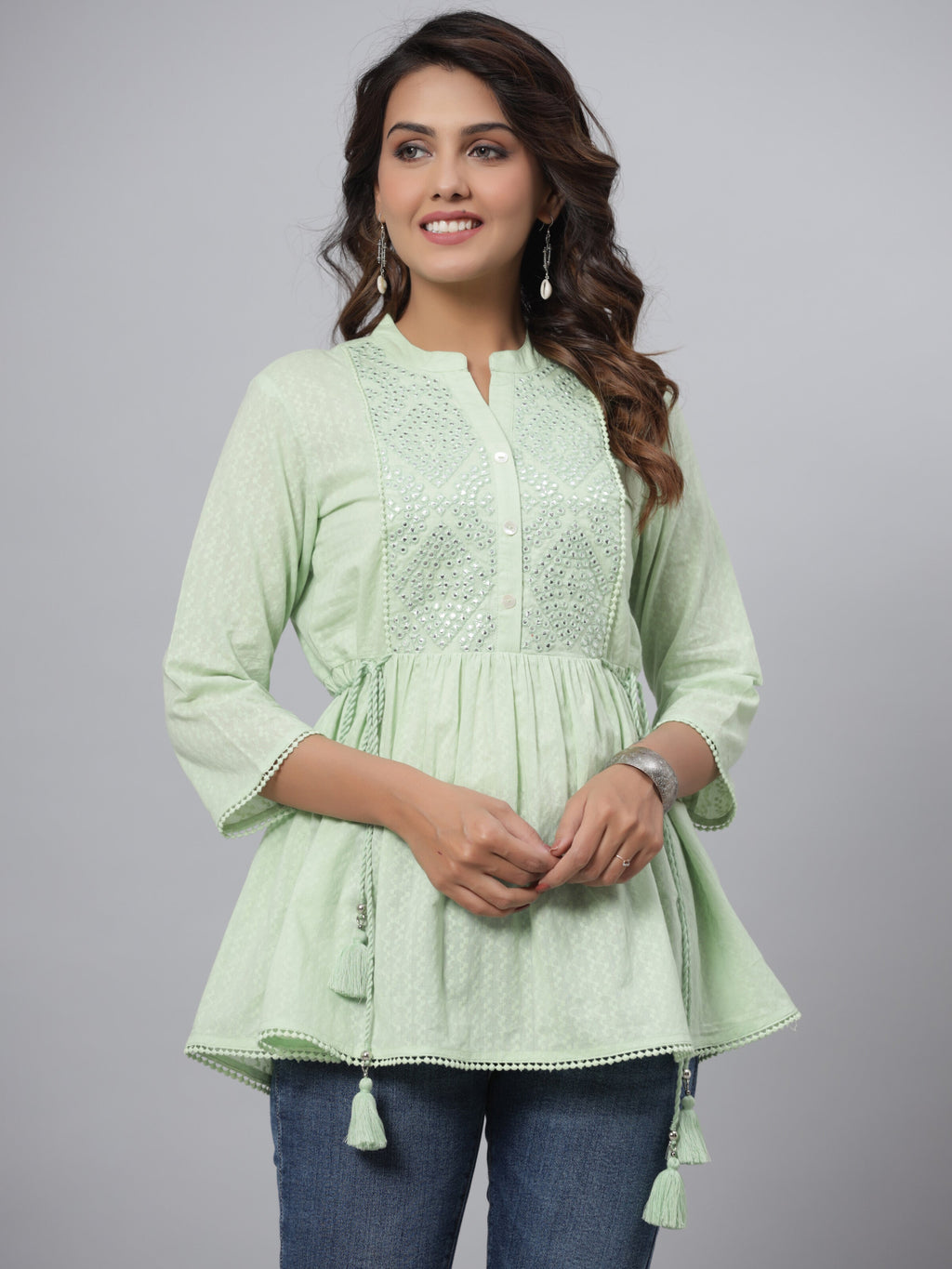 Juniper Green Ethnic Motif Printed Cotton Dobby Tunic With Mirror Work Embroidery