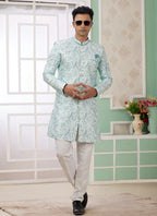 Raivat Ethnic Banarasi Jacquard Embroidery Indo Western Sherwani In Green Colour