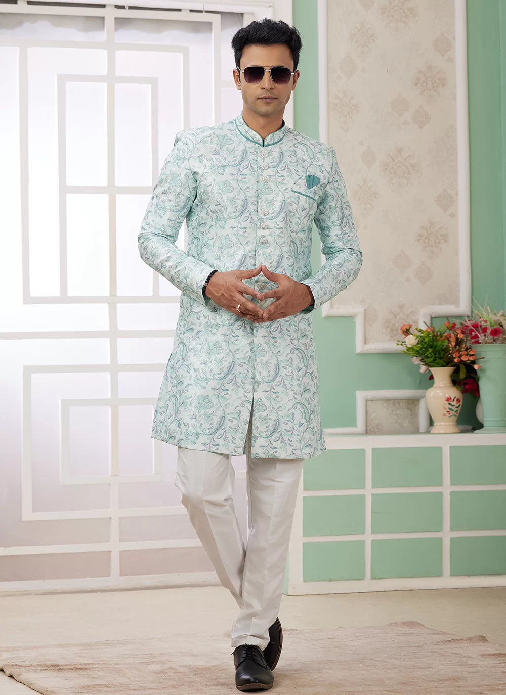 Raivat Ethnic Banarasi Jacquard Embroidery Indo Western Sherwani In Green Colour