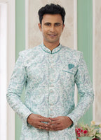 Raivat Ethnic Banarasi Jacquard Embroidery Indo Western Sherwani In Green Colour
