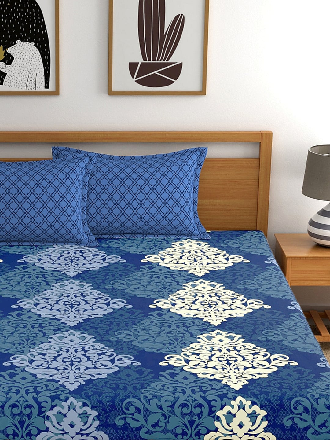 My Room Navy Blue & Yellow Ethnic Motifs 140 TC King Bedsheet with 2 Pillow Covers