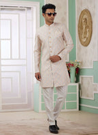 Raivat Ethnic Banarasi Jacquard Embroidery Indo Western Sherwani In Beige Colour